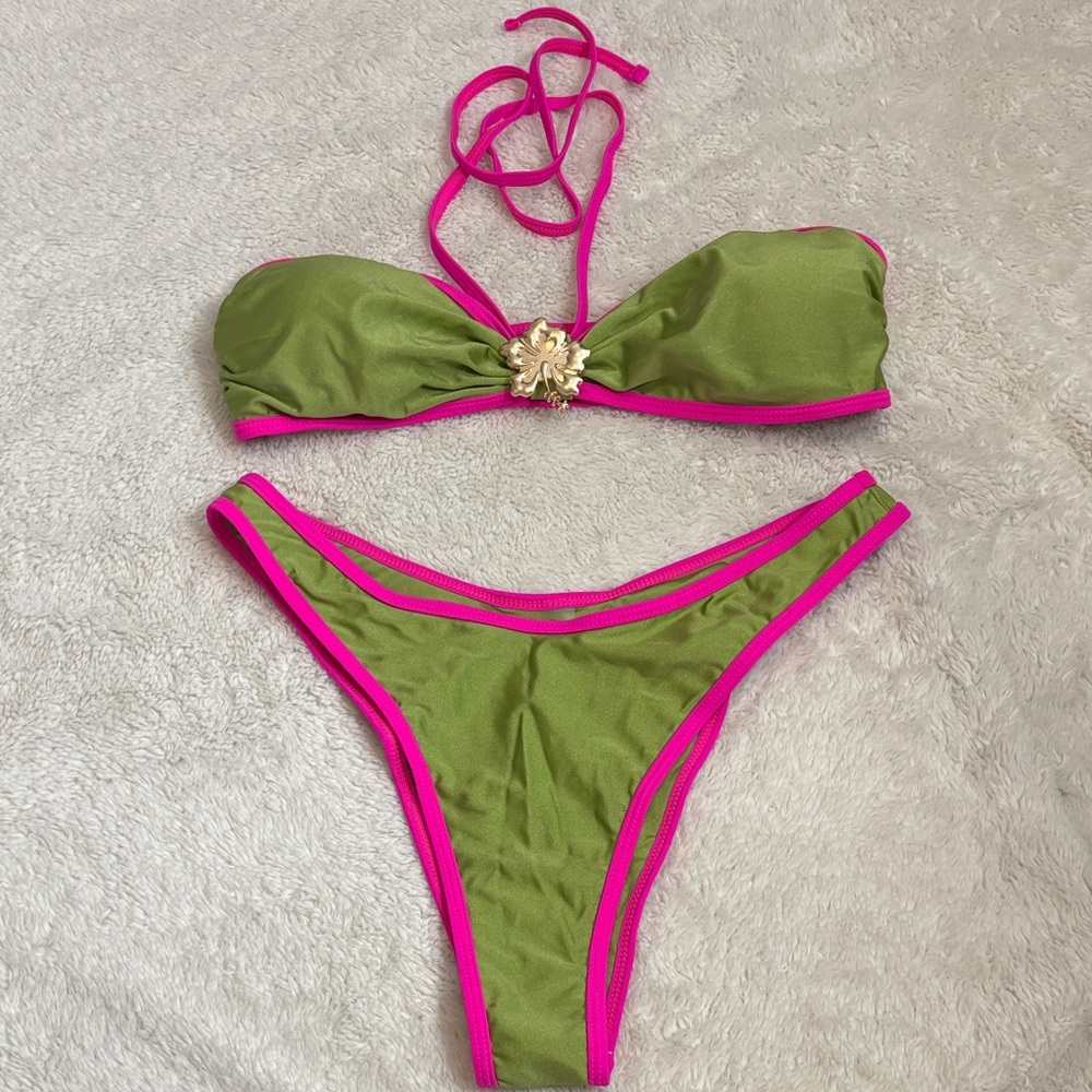 SHEIN Green and Pink Bikini Set with Floral Gold Accent L